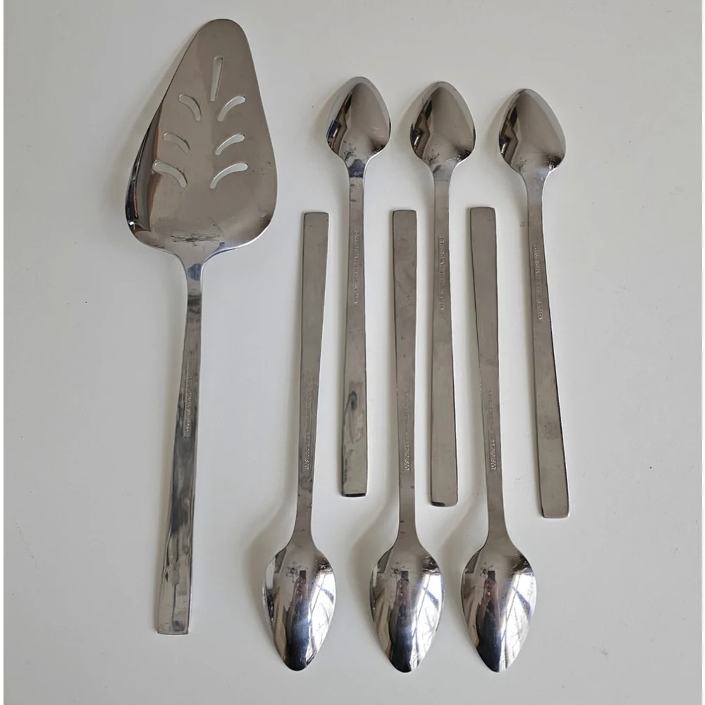 Customcraft Set of 6 Iced Tea Spoons & Pie Server Stainless Flatware Floral